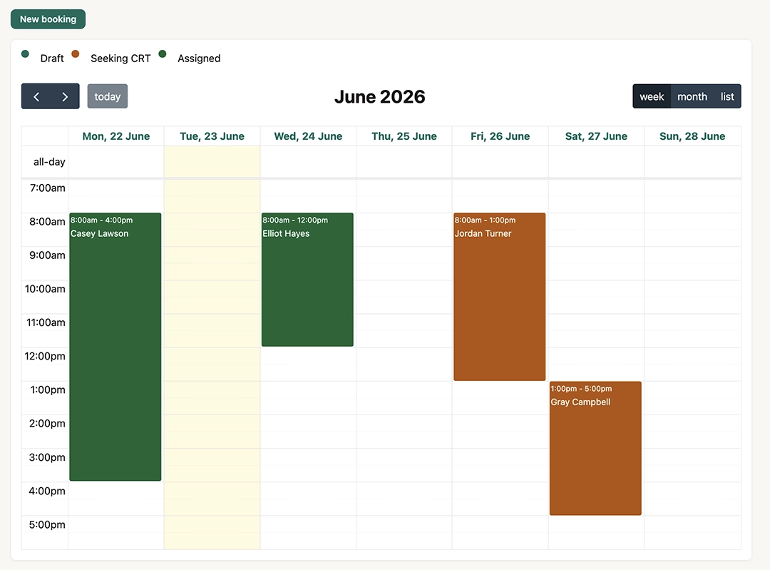 CRT cover booking calendar