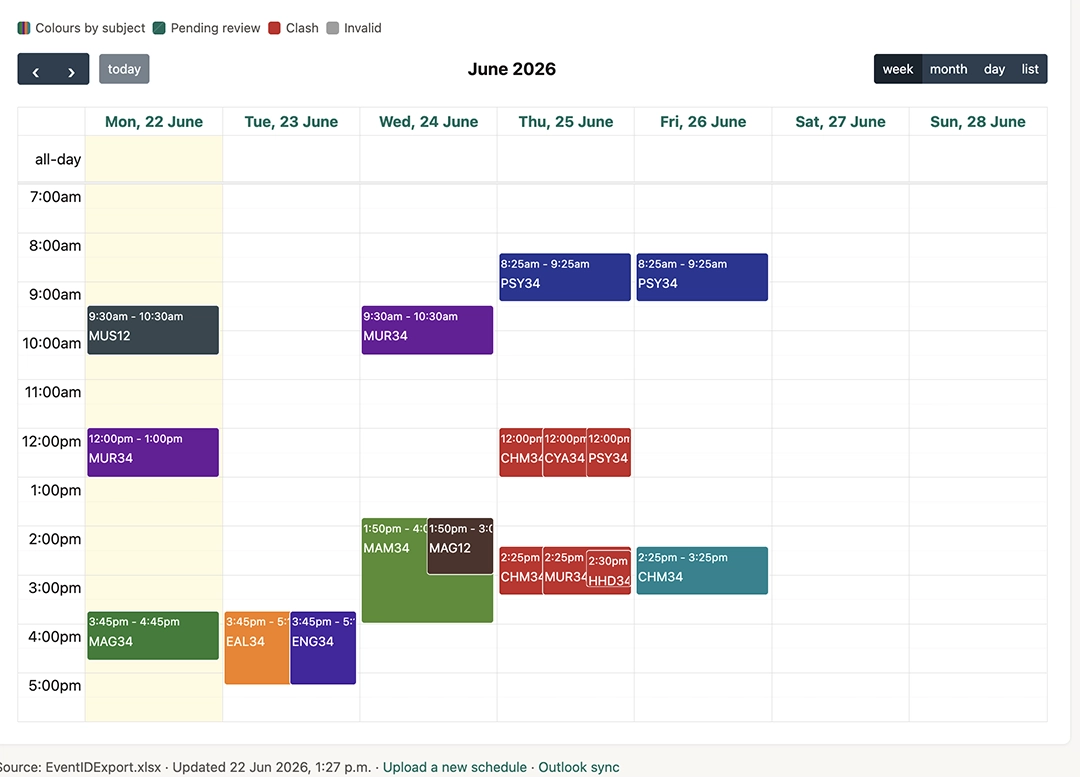 VCE SAC calendar with clash highlighting